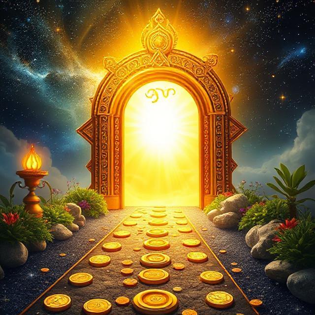 Golden doorway with coins
