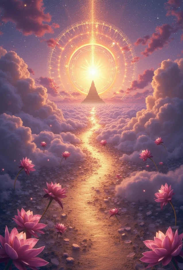 Path with lotus flowers leading to light